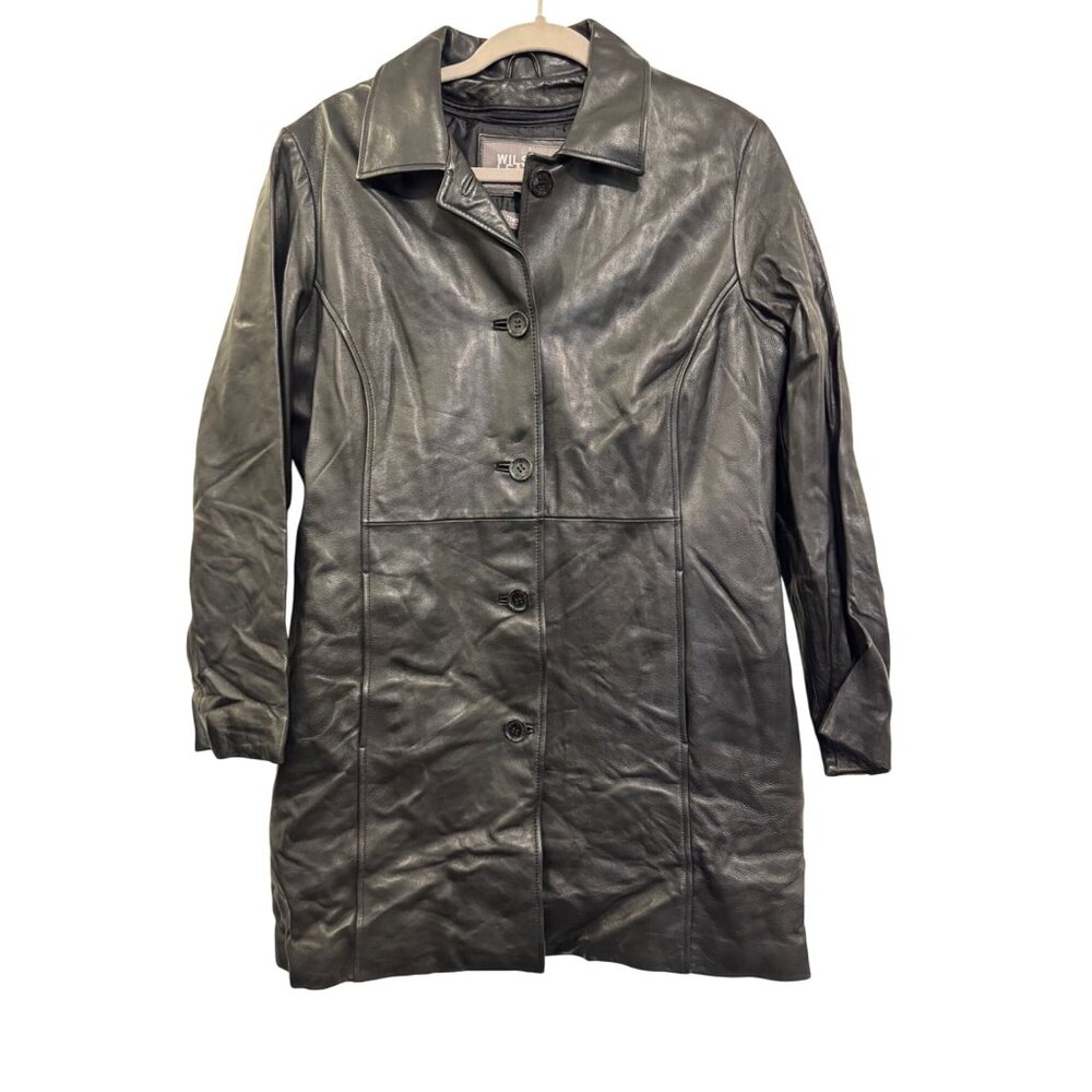 Vintage Wilsons Leather Womens Black Leather Coat Size L Insulated Button Front